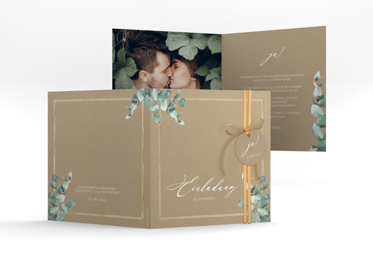 Hochzeitseinladung Eucalypt quadr. Klappkarte Kraftpapier gold mit Eukalyptus und edlem Rahmen
