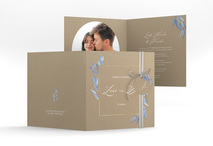 Hochzeitseinladung Classicblue quadr. Klappkarte Kraftpapier gold