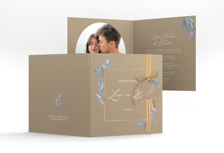 Hochzeitseinladung Classicblue quadr. Klappkarte Kraftpapier gold