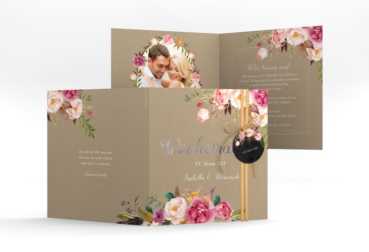 Hochzeitseinladung Flowers quadr. Klappkarte Kraftpapier silber mit bunten Aquarell-Blumen