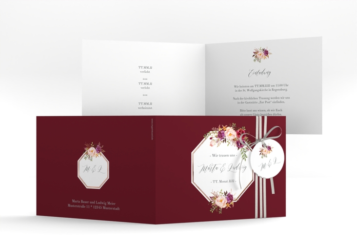 Hochzeitseinladung Prachtvoll A6 Klappkarte quer rot rosegold
