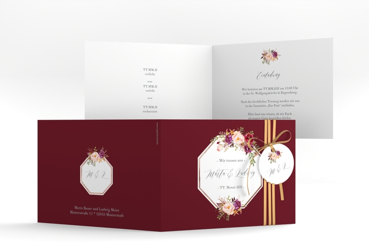 Hochzeitseinladung Prachtvoll A6 Klappkarte quer rot rosegold