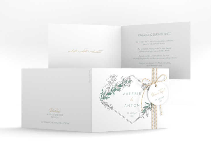 Hochzeitseinladung Verde A6 Klappkarte quer weiss silber