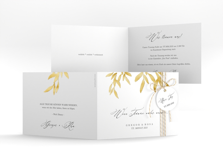 Hochzeitseinladung Demure A6 Klappkarte quer weiss gold