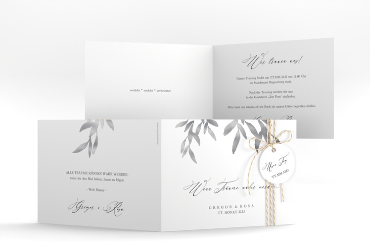 Hochzeitseinladung Demure A6 Klappkarte quer weiss silber