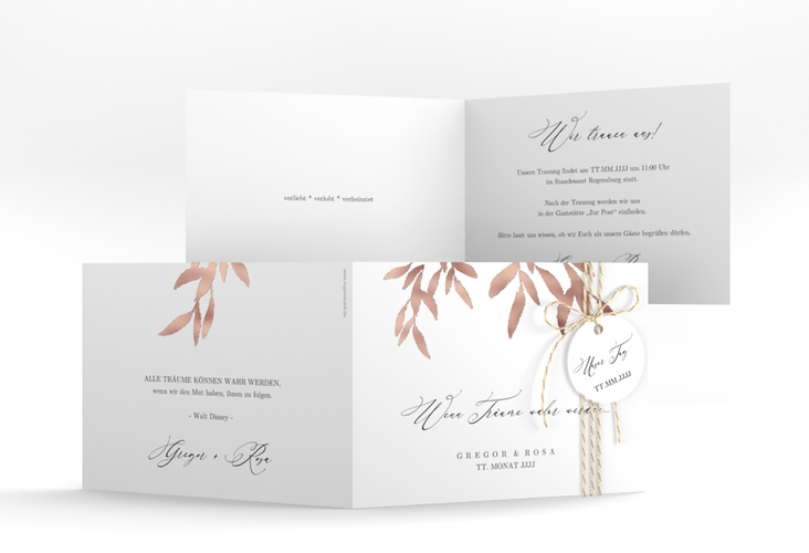 Hochzeitseinladung Demure A6 Klappkarte quer weiss rosegold