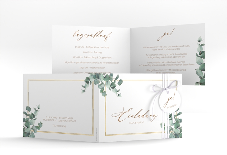 Hochzeitseinladung Eucalypt A6 Klappkarte quer weiss gold mit Eukalyptus und edlem Rahmen