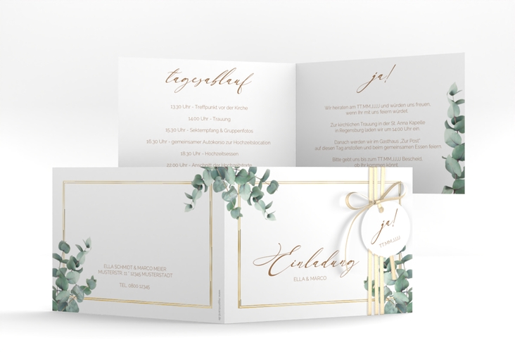 Hochzeitseinladung Eucalypt A6 Klappkarte quer weiss gold mit Eukalyptus und edlem Rahmen
