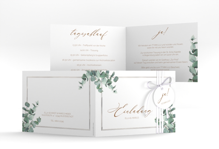 Hochzeitseinladung Eucalypt A6 Klappkarte quer weiss silber mit Eukalyptus und edlem Rahmen