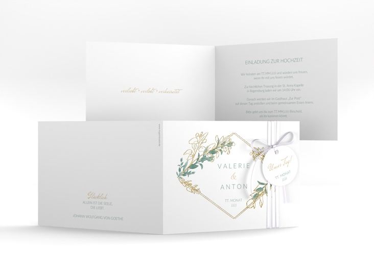 Hochzeitseinladung Verde A6 Klappkarte quer weiss gold