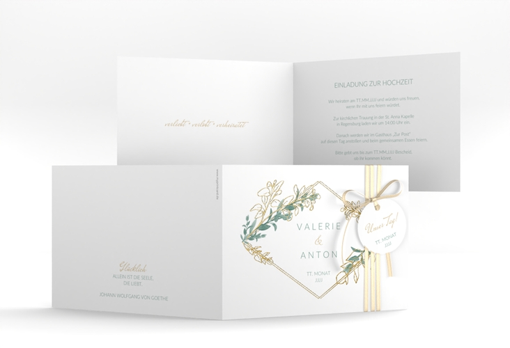 Hochzeitseinladung Verde A6 Klappkarte quer weiss gold