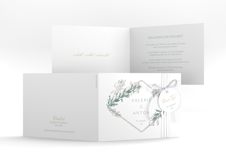 Hochzeitseinladung Verde A6 Klappkarte quer weiss silber