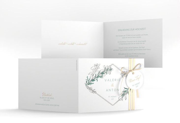 Hochzeitseinladung Verde A6 Klappkarte quer weiss silber