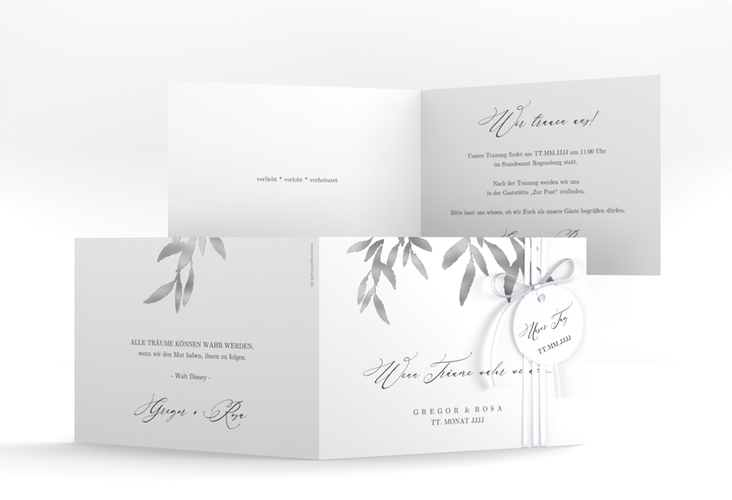 Hochzeitseinladung Demure A6 Klappkarte quer weiss silber