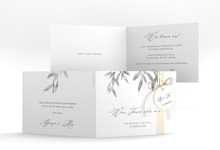 Hochzeitseinladung Demure A6 Klappkarte quer weiss silber