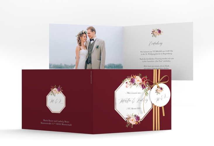 Hochzeitseinladung Prachtvoll A6 Klappkarte quer rot rosegold