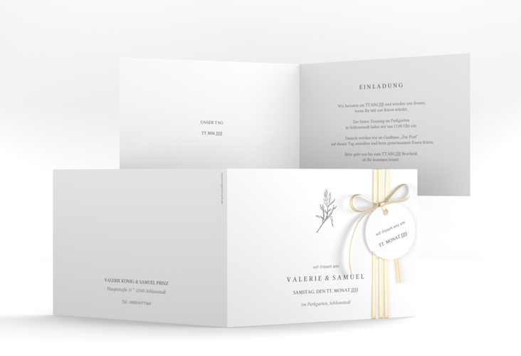 Hochzeitseinladung Ivy A6 Klappkarte quer weiss silber minimalistisch mit kleiner botanischer Illustration