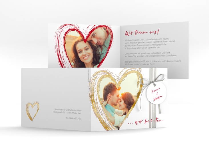 Hochzeitseinladung Liebe A6 Klappkarte quer rot gold