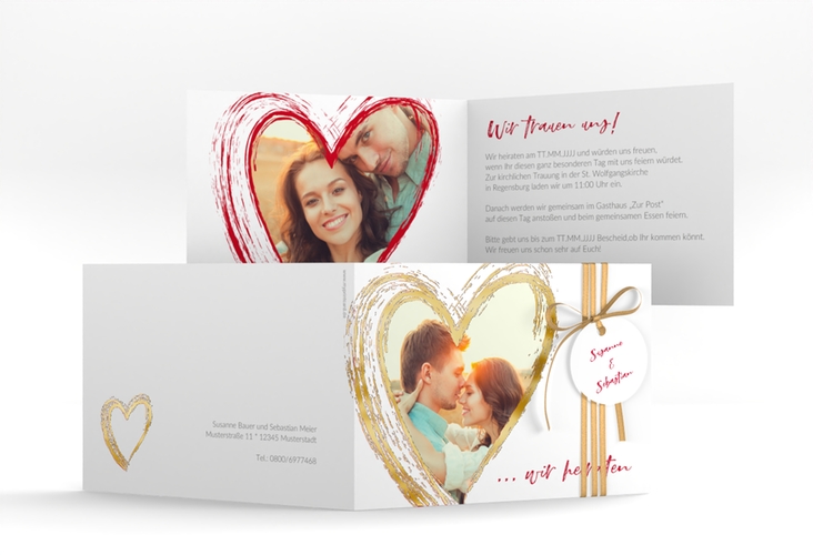Hochzeitseinladung Liebe A6 Klappkarte quer rot gold