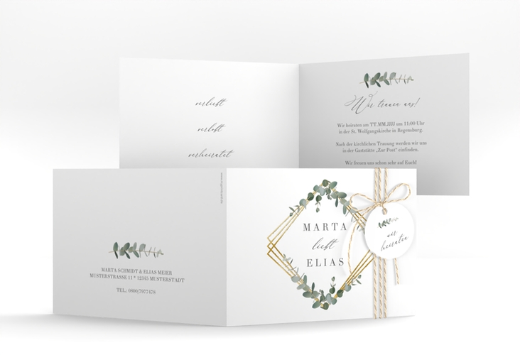 Hochzeitseinladung Eukalyptus A6 Klappkarte quer weiss gold