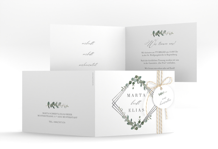 Hochzeitseinladung Eukalyptus A6 Klappkarte quer weiss silber