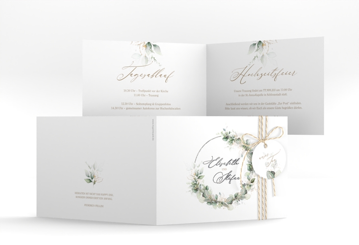 Hochzeitseinladung Selvatica A6 Klappkarte quer weiss silber mit Eukalyptus-Kranz