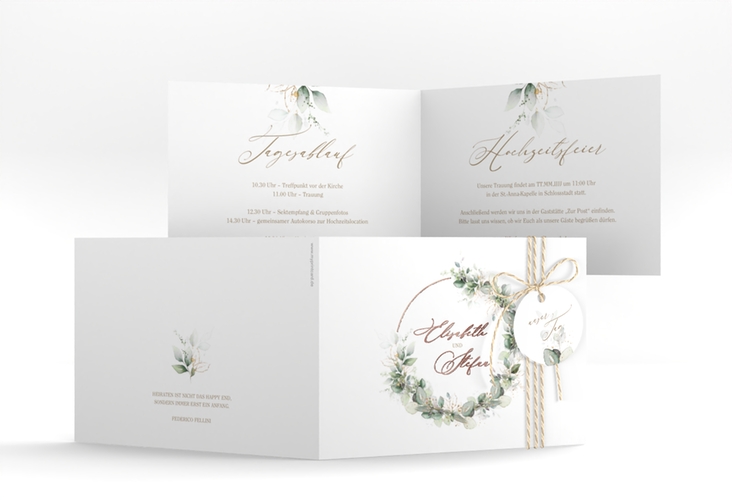 Hochzeitseinladung Selvatica A6 Klappkarte quer weiss rosegold mit Eukalyptus-Kranz
