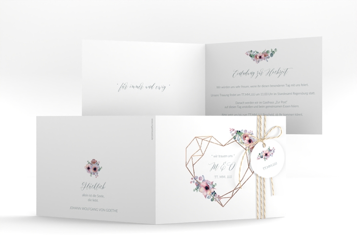Hochzeitseinladung Herzgold A6 Klappkarte quer weiss rosegold