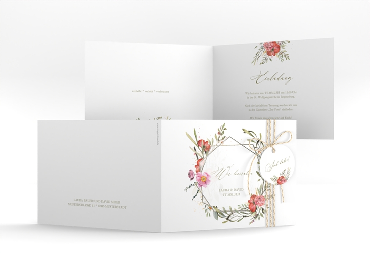 Hochzeitseinladung Sommergarten A6 Klappkarte quer weiss silber
