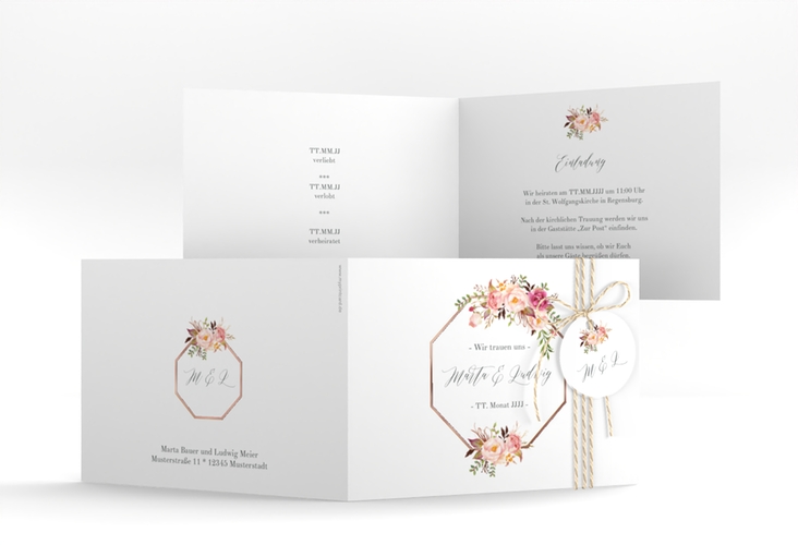 Hochzeitseinladung Prachtvoll A6 Klappkarte quer weiss rosegold