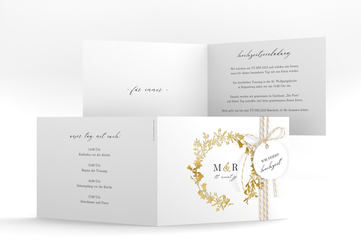 Hochzeitseinladung Filigree A6 Klappkarte quer weiss gold