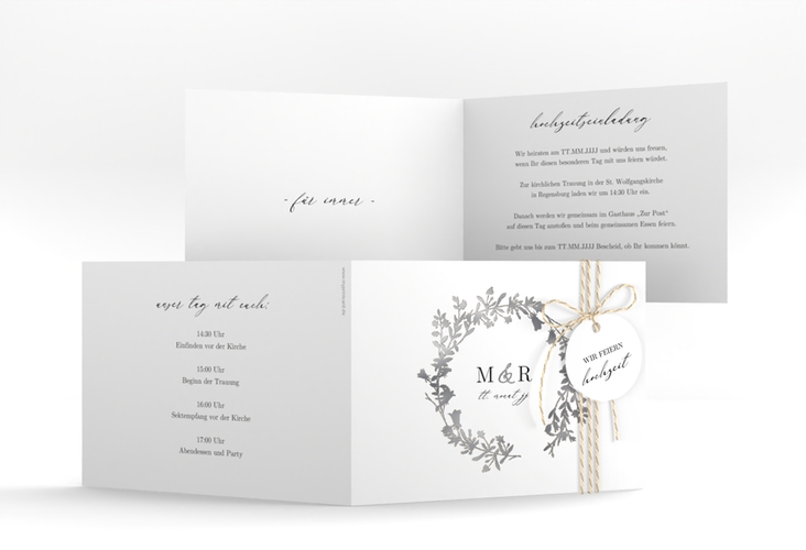 Hochzeitseinladung Filigree A6 Klappkarte quer weiss silber