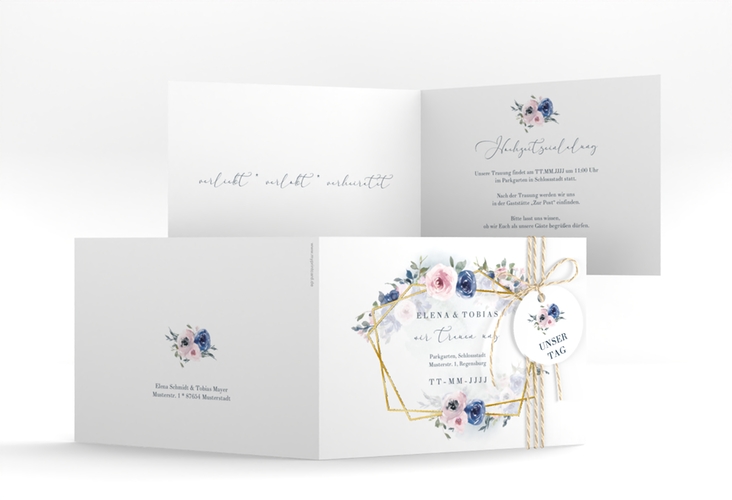 Hochzeitseinladung Dustyblue A6 Klappkarte quer weiss gold