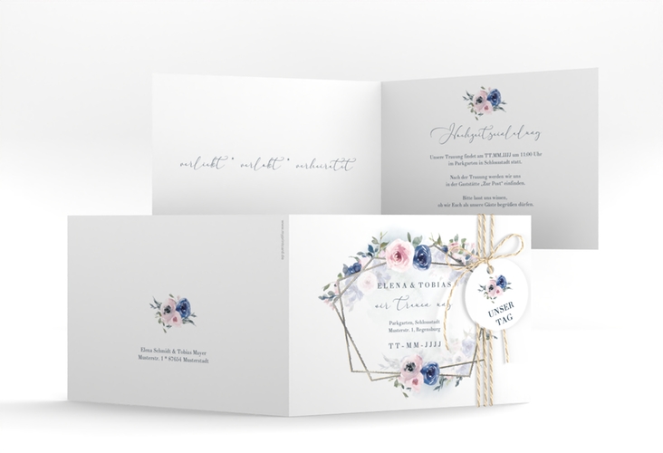 Hochzeitseinladung Dustyblue A6 Klappkarte quer weiss silber