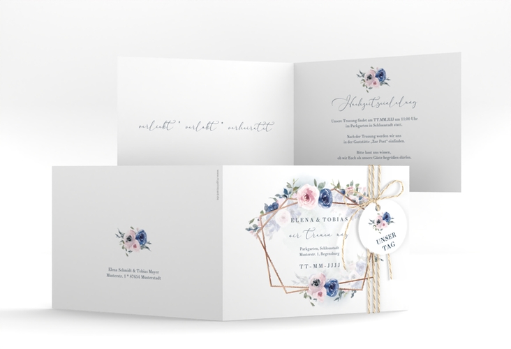 Hochzeitseinladung Dustyblue A6 Klappkarte quer weiss rosegold