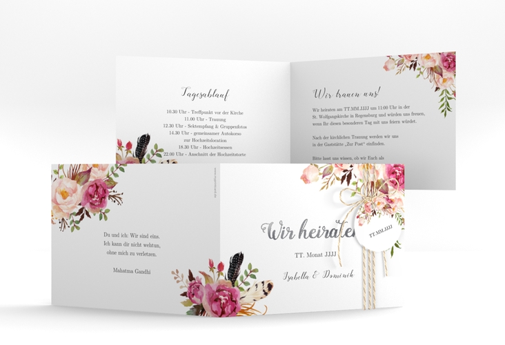 Hochzeitseinladung Flowers A6 Klappkarte quer weiss silber mit bunten Aquarell-Blumen