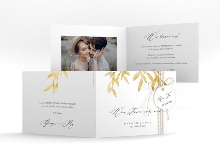 Hochzeitseinladung Demure A6 Klappkarte quer weiss gold