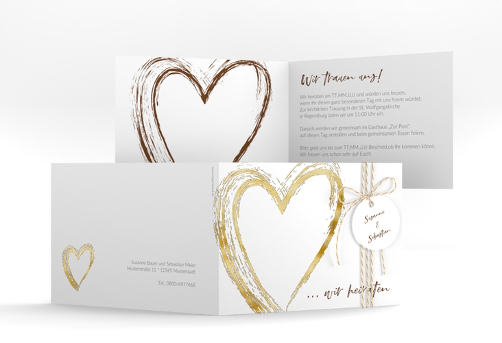 Hochzeitseinladung Liebe A6 Klappkarte quer braun gold