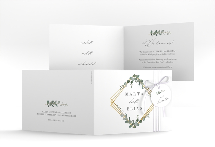 Hochzeitseinladung Eukalyptus A6 Klappkarte quer weiss gold