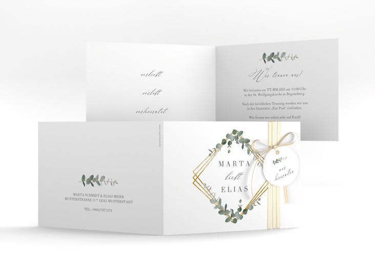 Hochzeitseinladung Eukalyptus A6 Klappkarte quer weiss gold