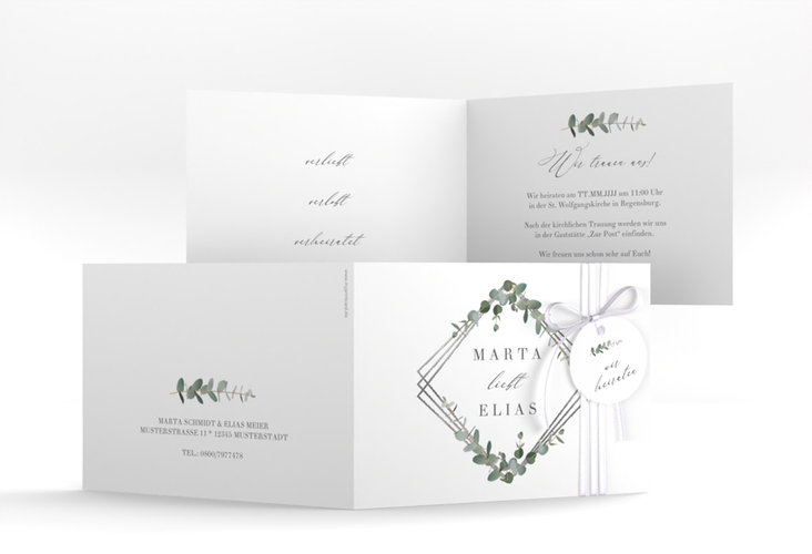 Hochzeitseinladung Eukalyptus A6 Klappkarte quer weiss silber