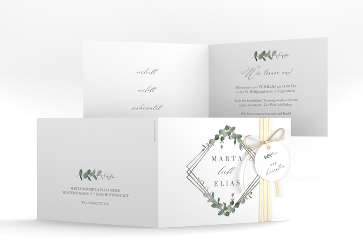 Hochzeitseinladung Eukalyptus A6 Klappkarte quer weiss silber