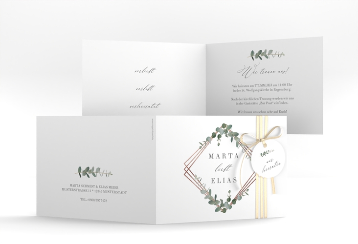 Hochzeitseinladung Eukalyptus A6 Klappkarte quer weiss rosegold