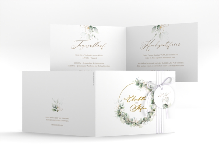 Hochzeitseinladung Selvatica A6 Klappkarte quer weiss gold mit Eukalyptus-Kranz