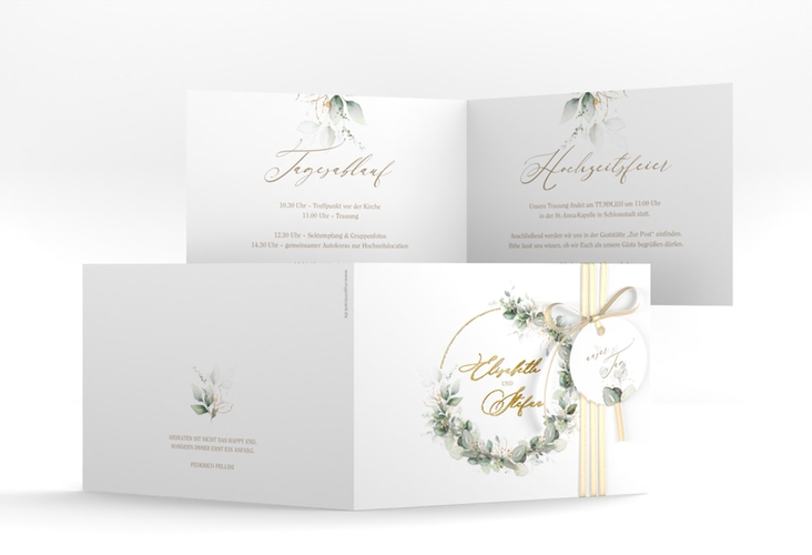 Hochzeitseinladung Selvatica A6 Klappkarte quer weiss gold mit Eukalyptus-Kranz