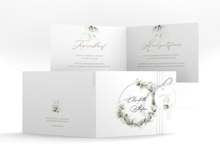 Hochzeitseinladung Selvatica A6 Klappkarte quer weiss silber mit Eukalyptus-Kranz