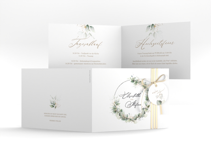 Hochzeitseinladung Selvatica A6 Klappkarte quer weiss silber mit Eukalyptus-Kranz