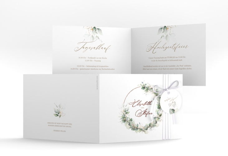 Hochzeitseinladung Selvatica A6 Klappkarte quer weiss rosegold mit Eukalyptus-Kranz