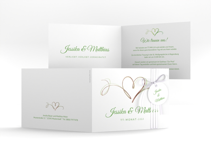 Hochzeitseinladung Envie A6 Klappkarte quer gruen rosegold