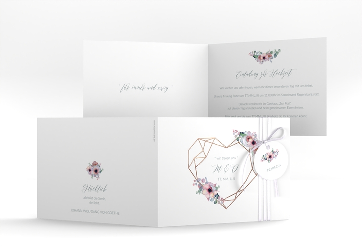 Hochzeitseinladung Herzgold A6 Klappkarte quer weiss rosegold